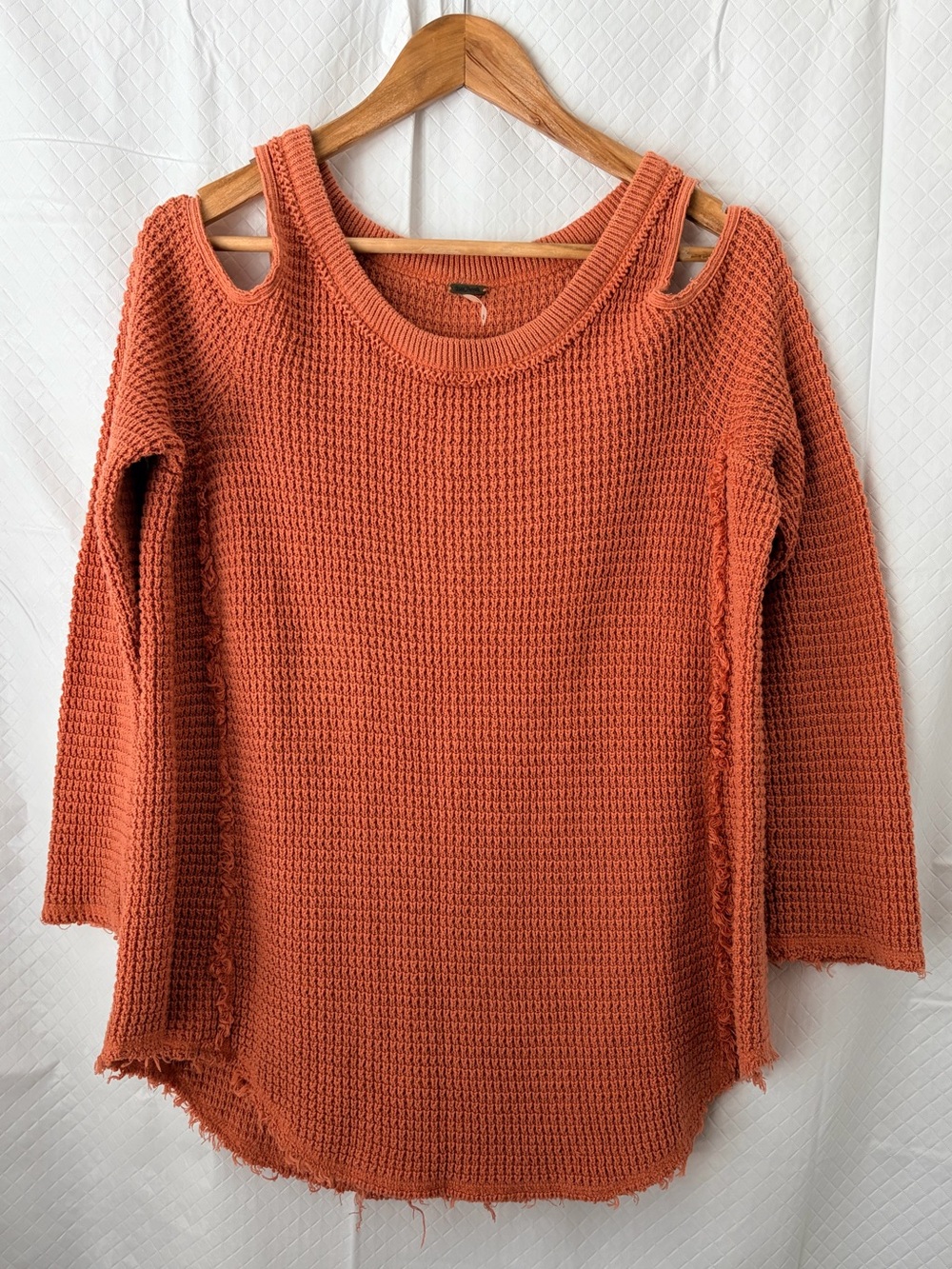 Free People Rust Orange Cutout Shoulder Waffle Knit Sweater